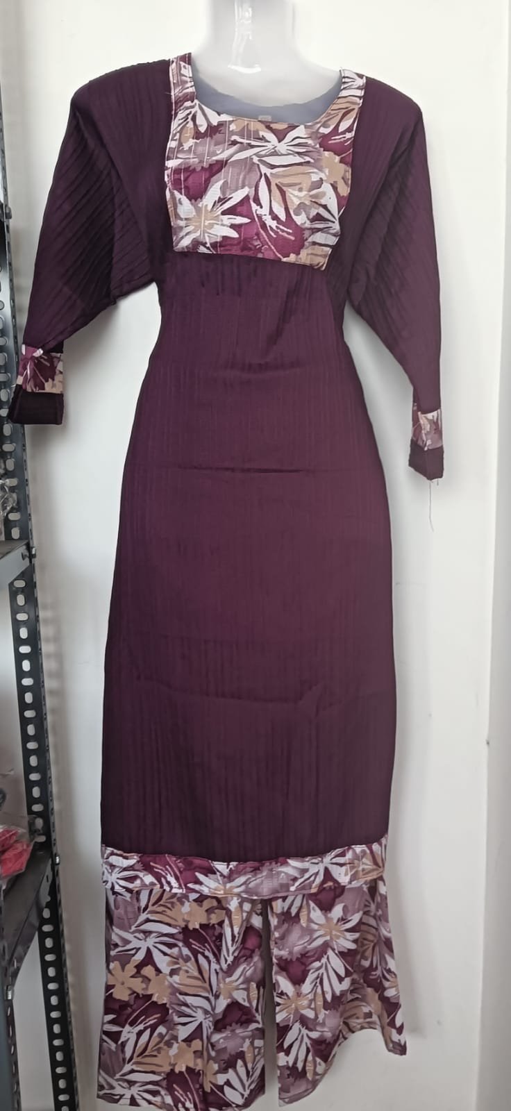 Wine Pleated Kurti with Floral Printed Palazzo Set
