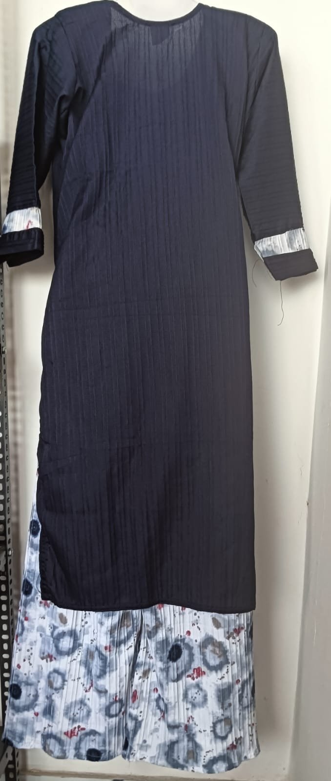 Black Pleated Straight Kurti with Printed Palazzo Set