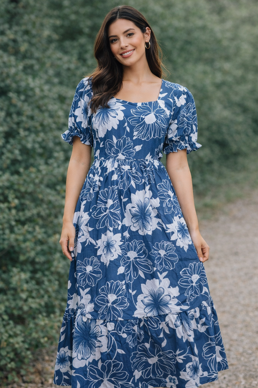 Indigo Bloom Tie-Waist Maxi Dress
