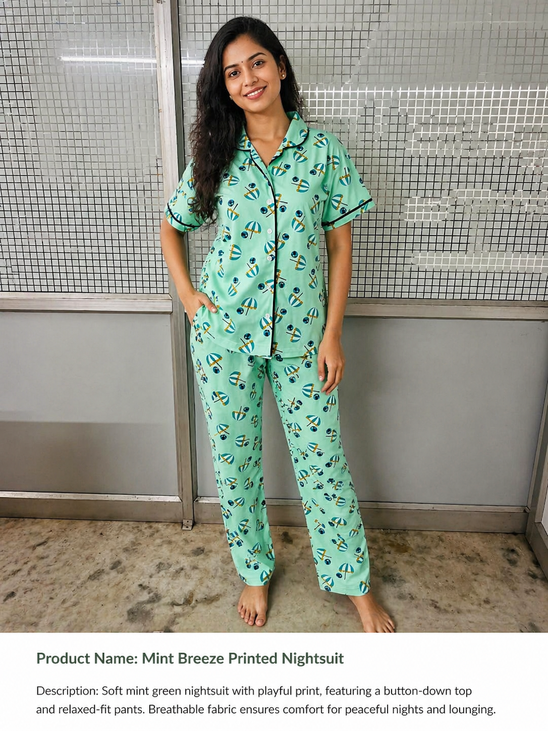Mint Playful Printed Nightsuit