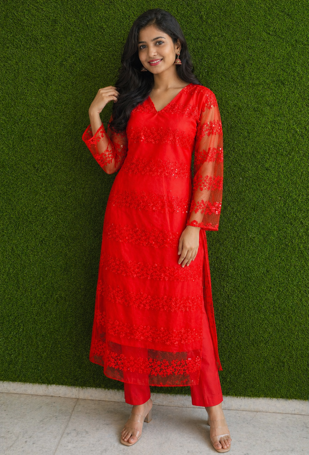 Scarlet Elegance Embroidered Kurti Set