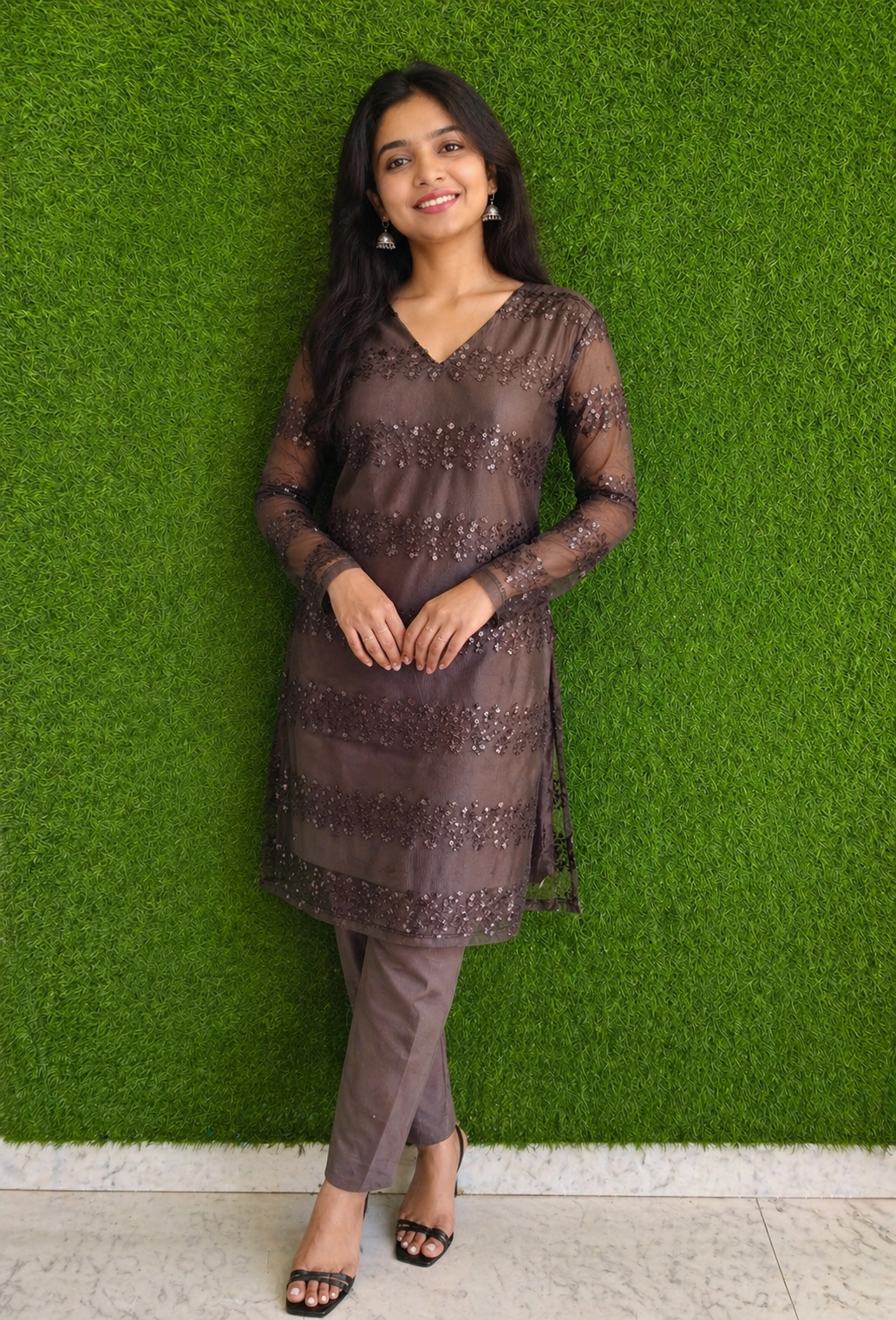 Elegant Sheer Embroidered Brown Kurti Set