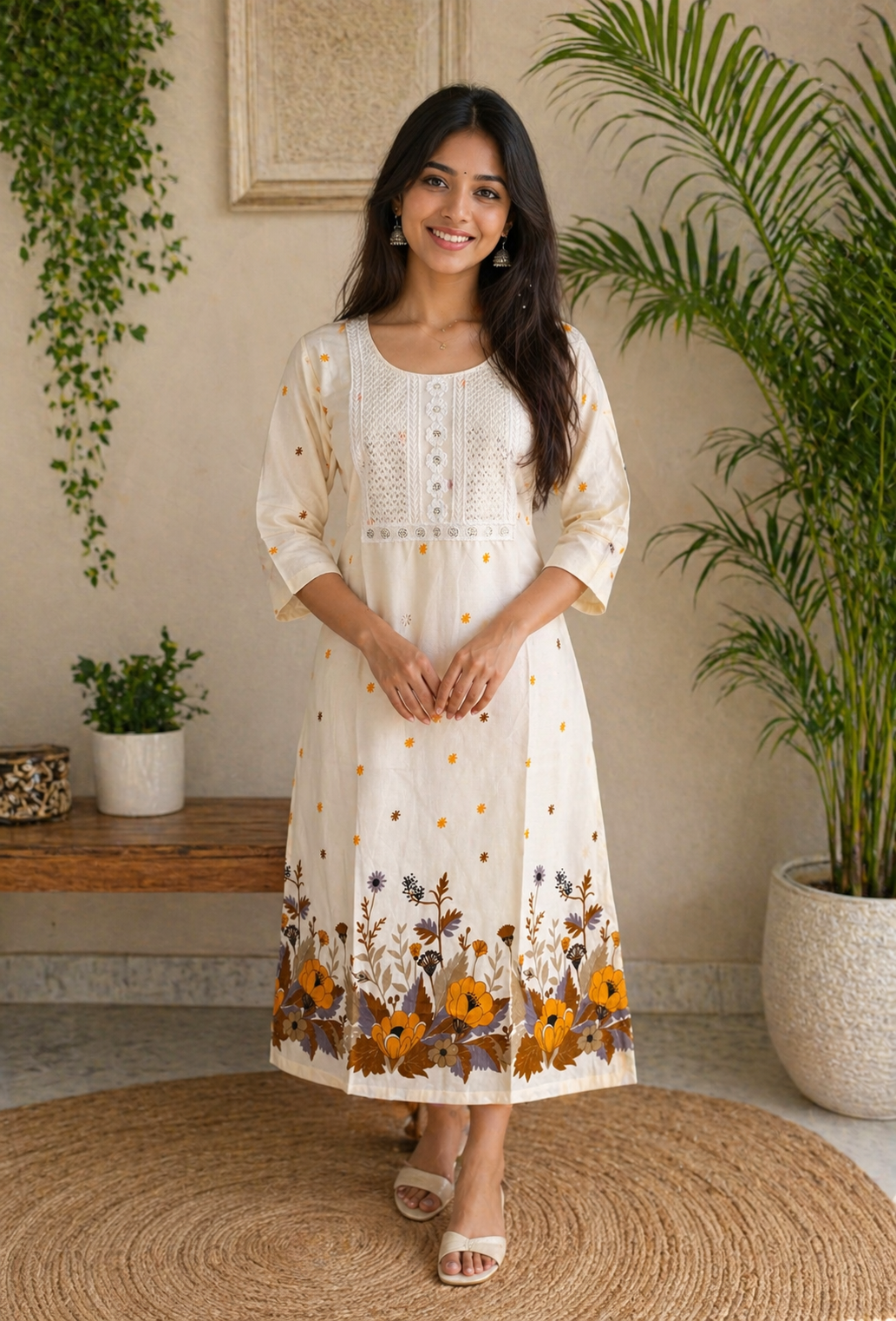 Elegant Floral Border Cotton Kurti