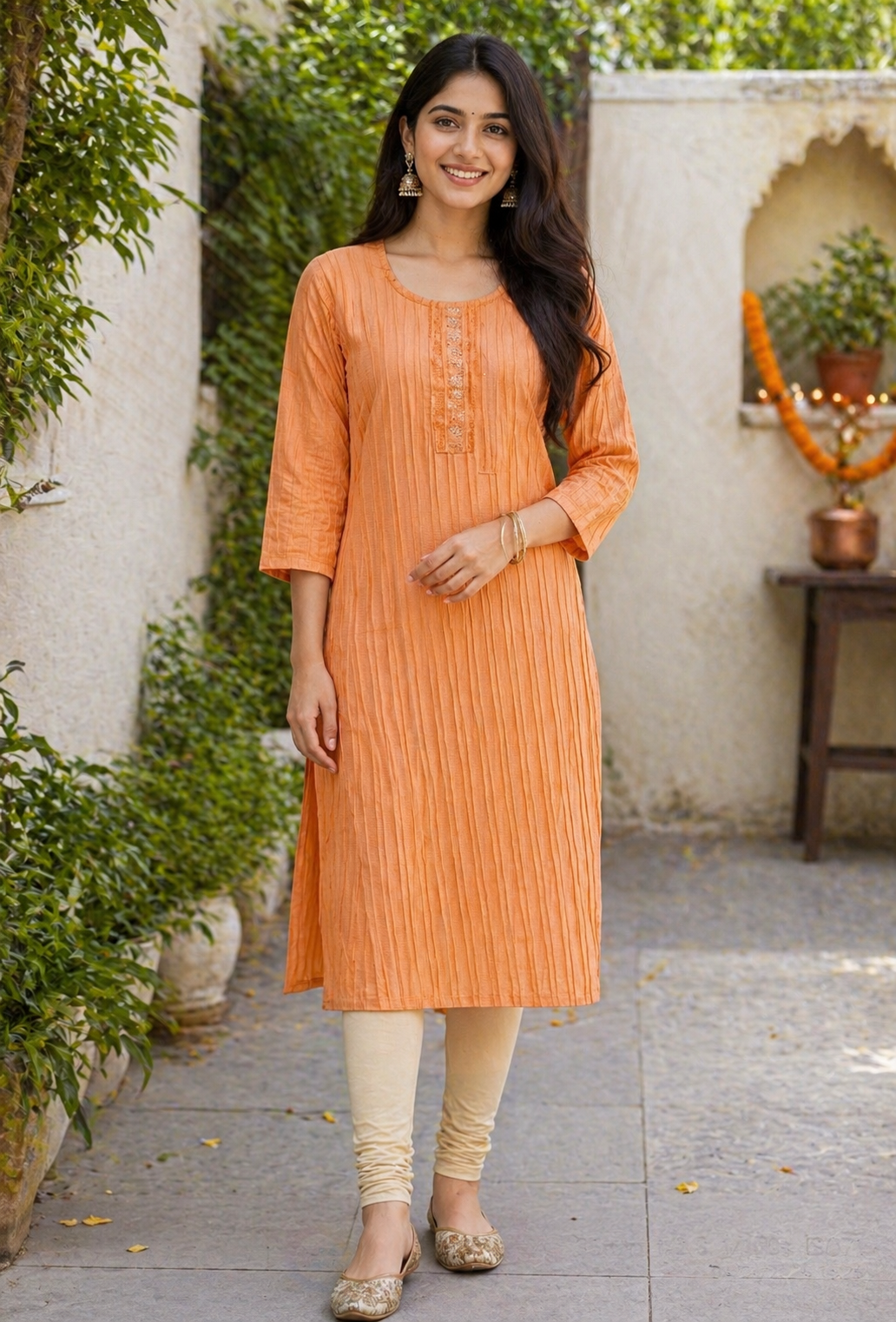 Elegant Peach Pleated Kurti Set