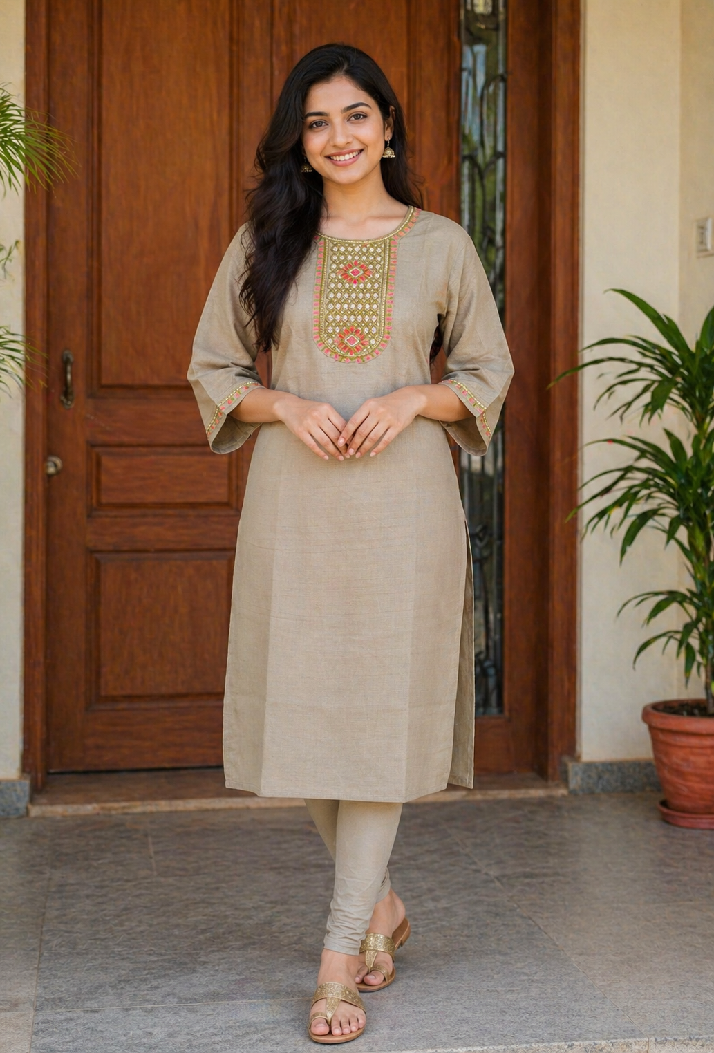 Olive Embroidered Panel Kurta