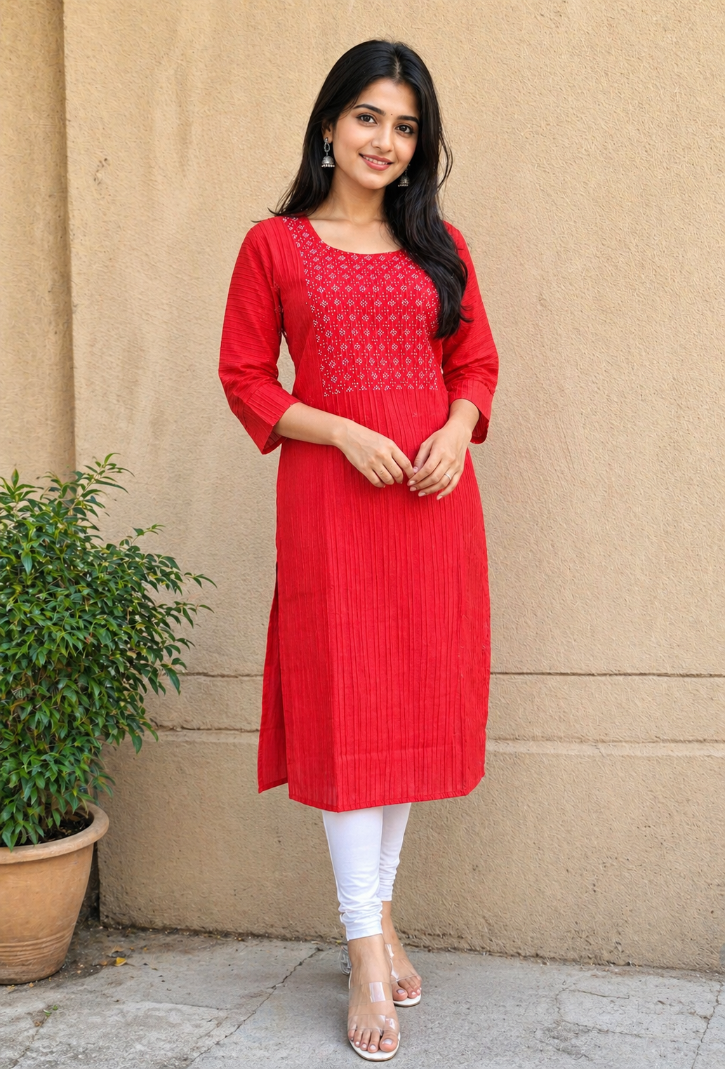 Elegant Red Embroidered Straight Kurti