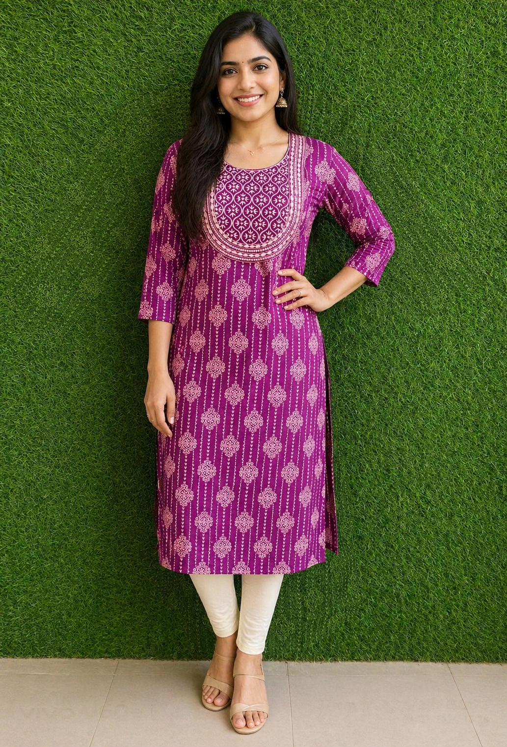 Elegant Magenta Printed Kurti with Cream Leggings Set