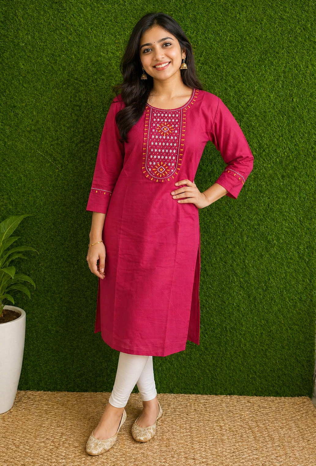 Elegant Magenta Embroidered Cotton Kurti