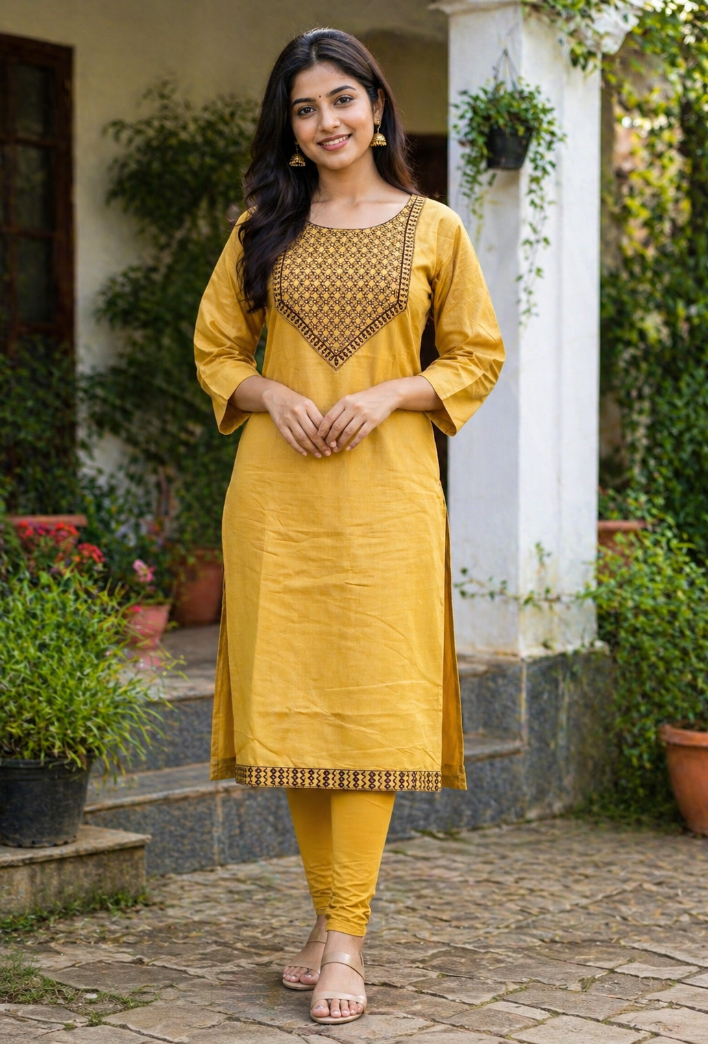 Mustard Mirror Work Straight Kurta