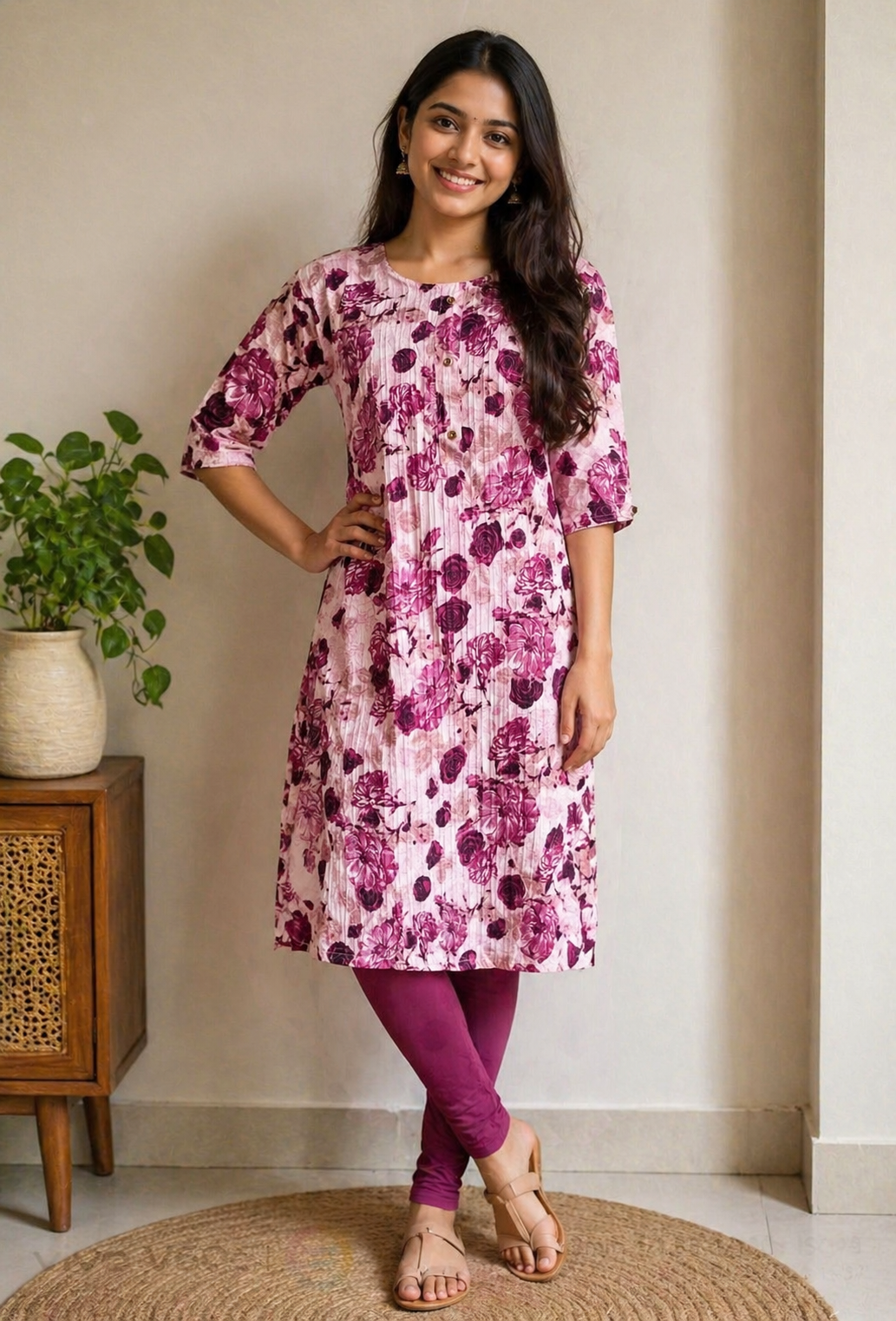 Floral Pink A-Line Kurti Set