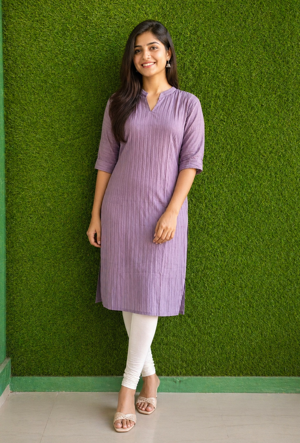 Lavender Pleated Cotton Kurti Set
