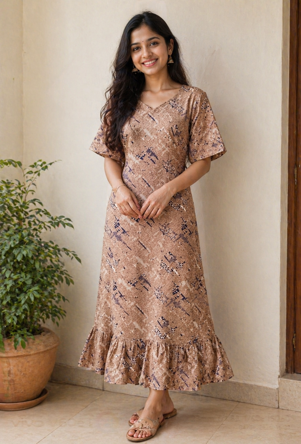 Beige Printed Flared Maxi Dress