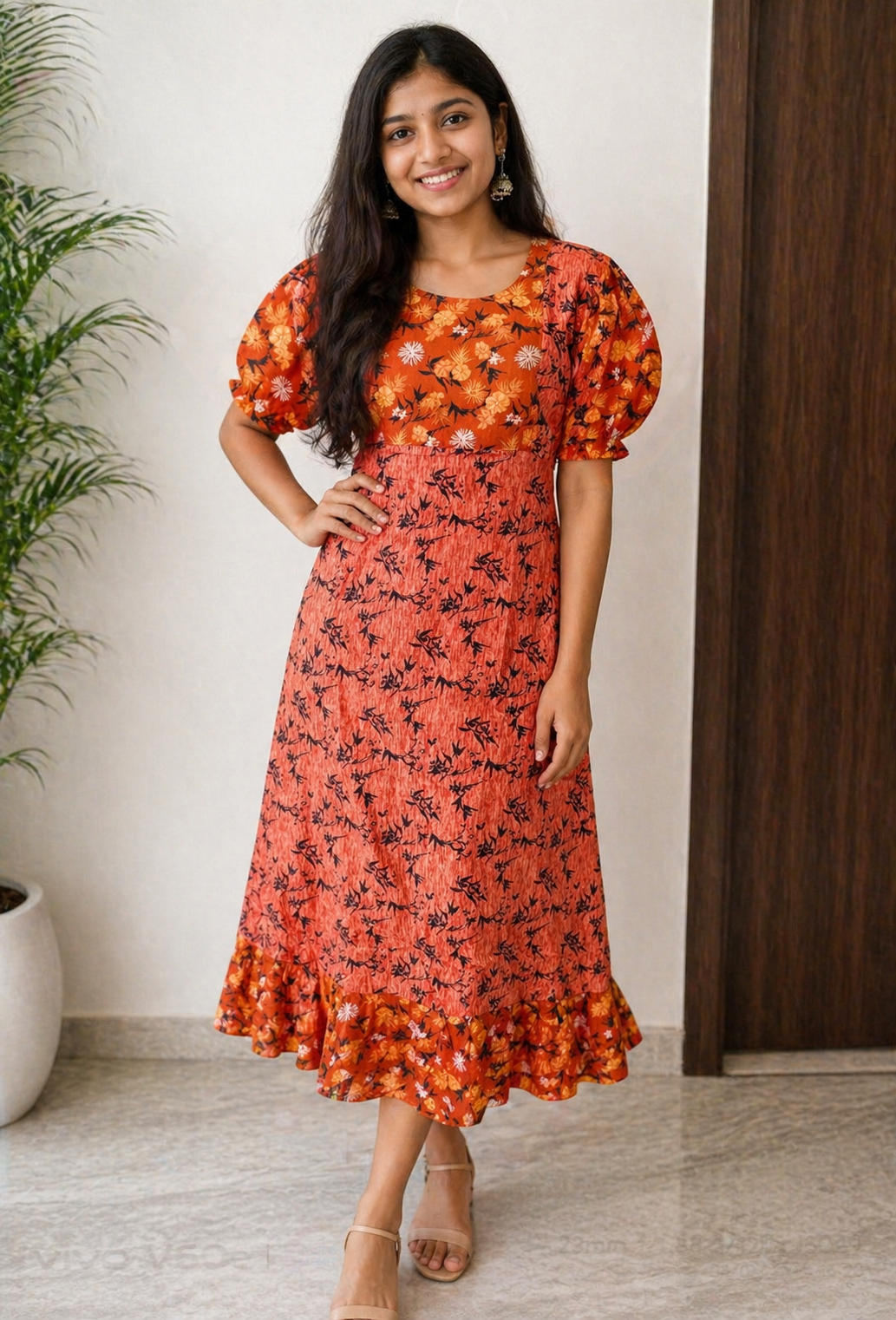 Orange Floral Puff Sleeve Midi Dress
