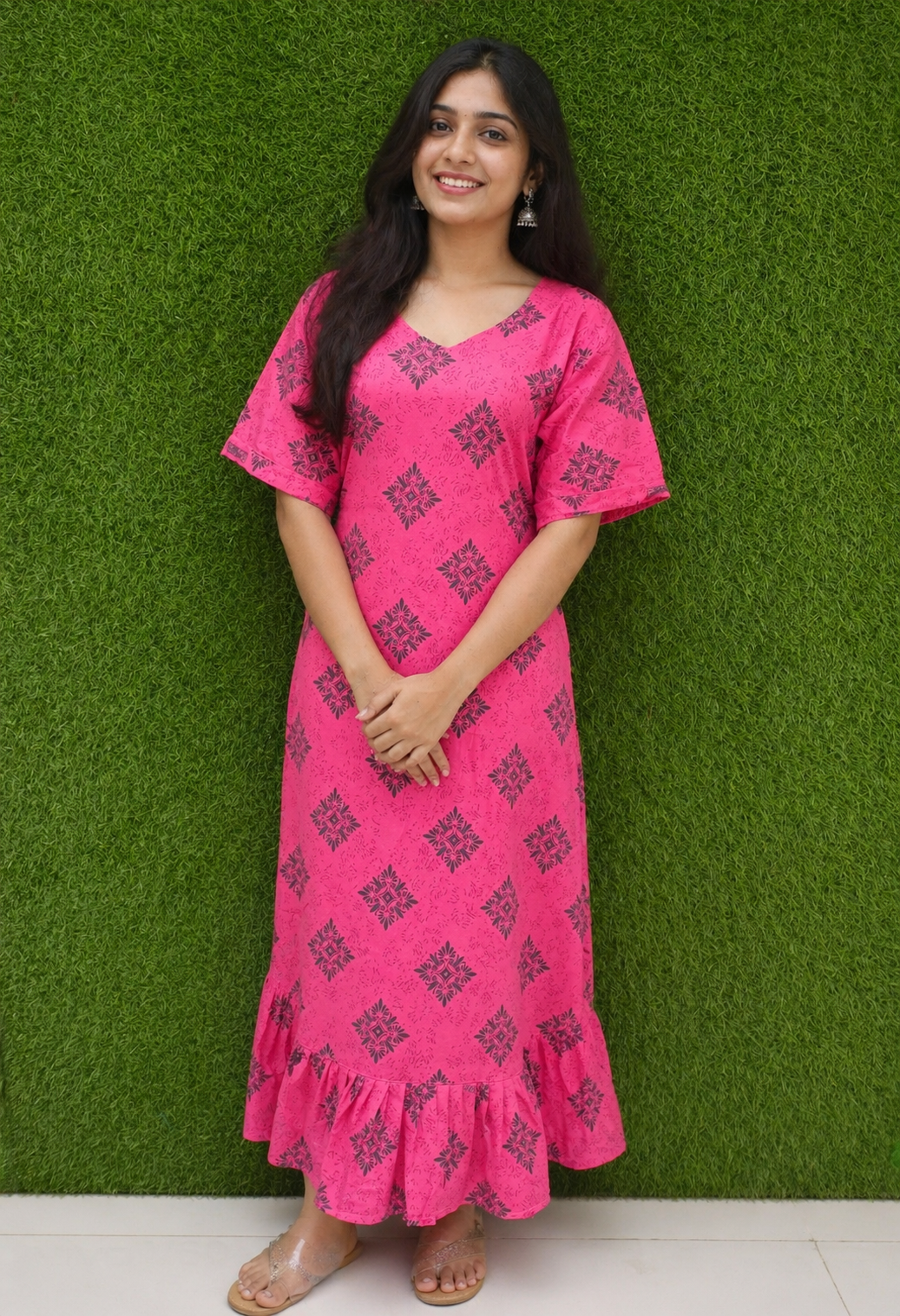 : Pink Floral Print Cotton Maxi Dress