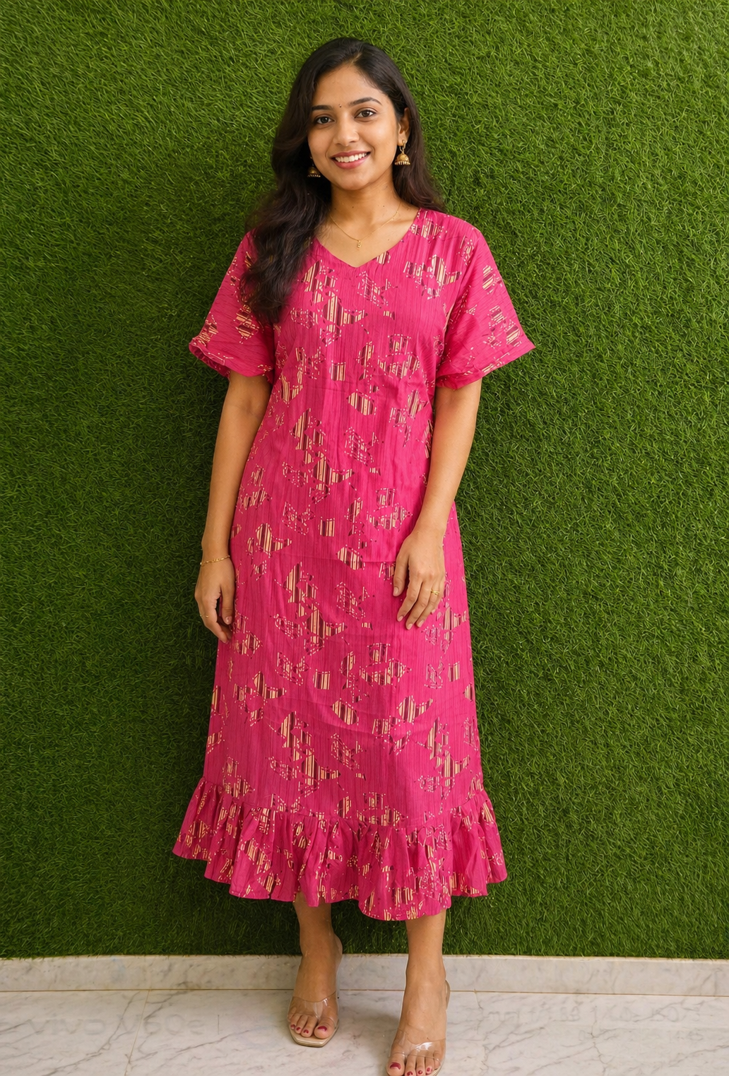 Pink Foil Print Flared Maxi Dress
