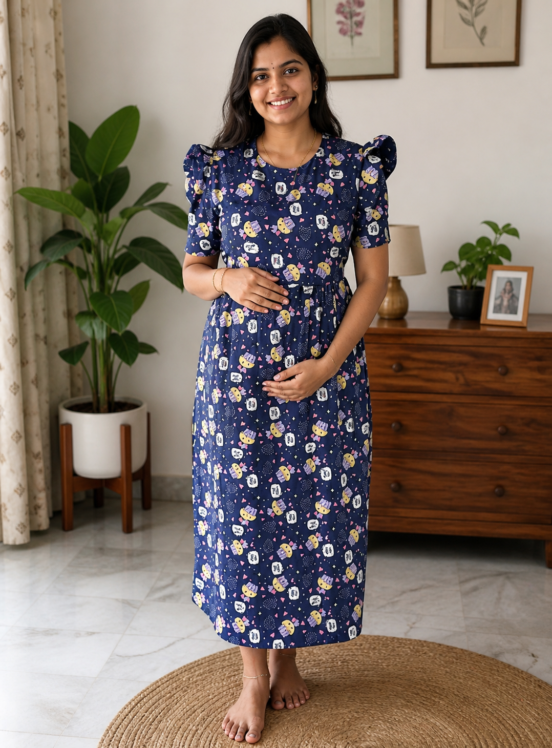 Navy Blue Maternity Feeding Nighty Dress