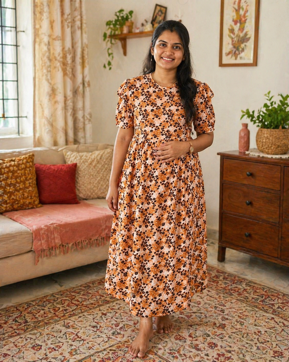 Peach Floral Maternity Midi Dress