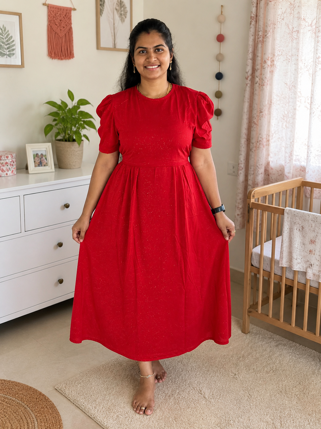 Ruby Red Puff Sleeve Midi Dress