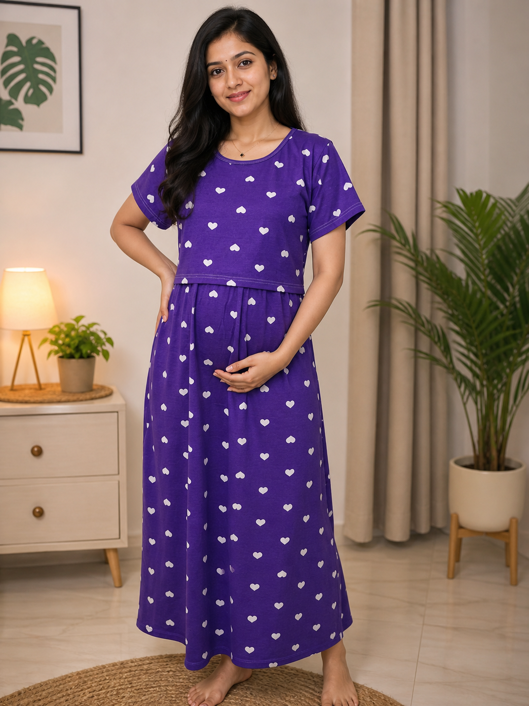Purple Heart Print Maternity Lounge Dress