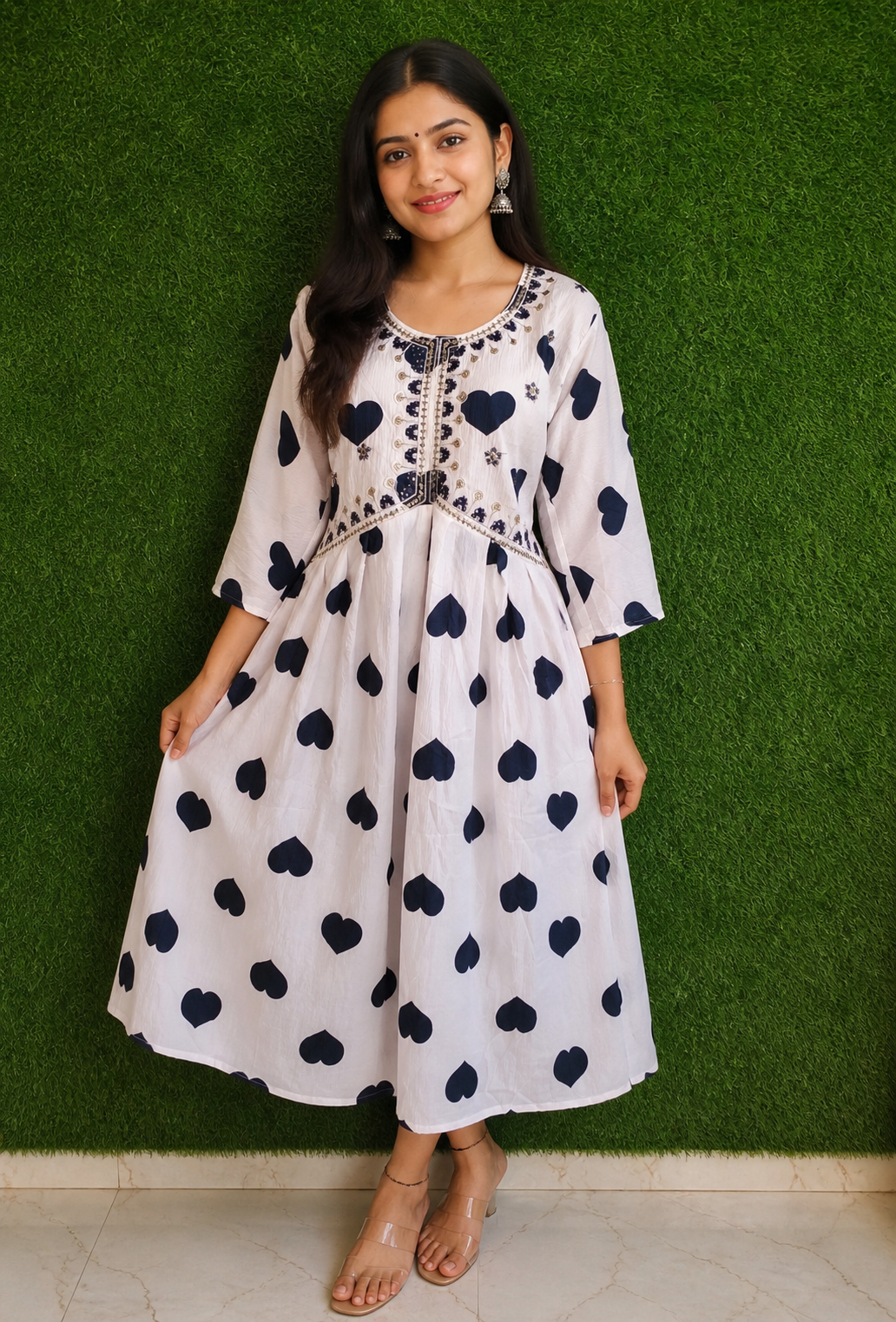 Ivory Heart Print Embroidered Maternity Dress