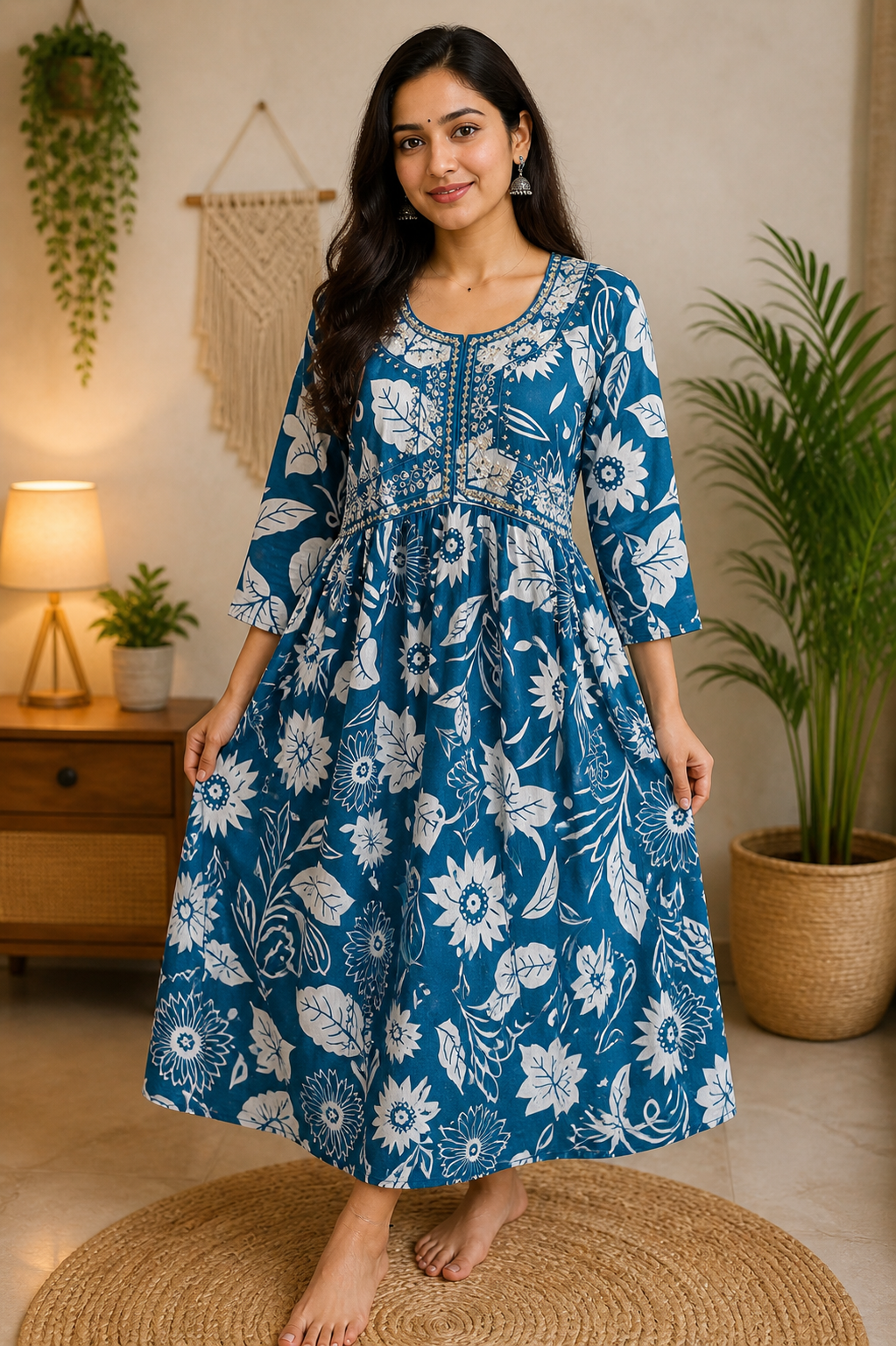 Teal Floral Print Embroidered Maternity Dress