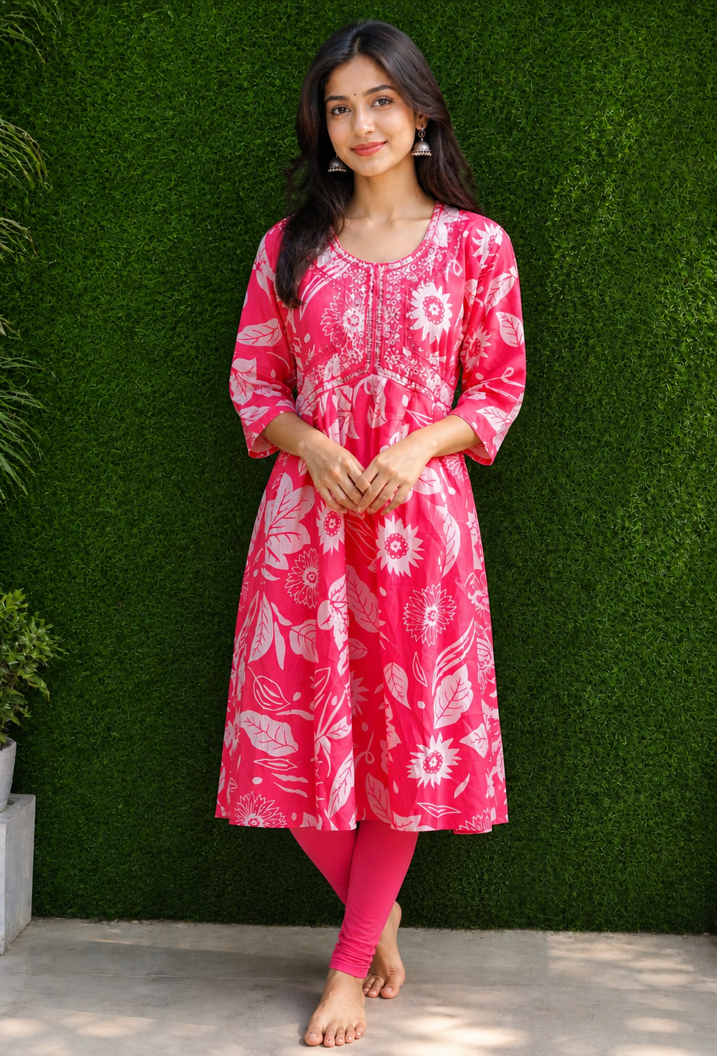 Floral Pink Cotton Kurti Set