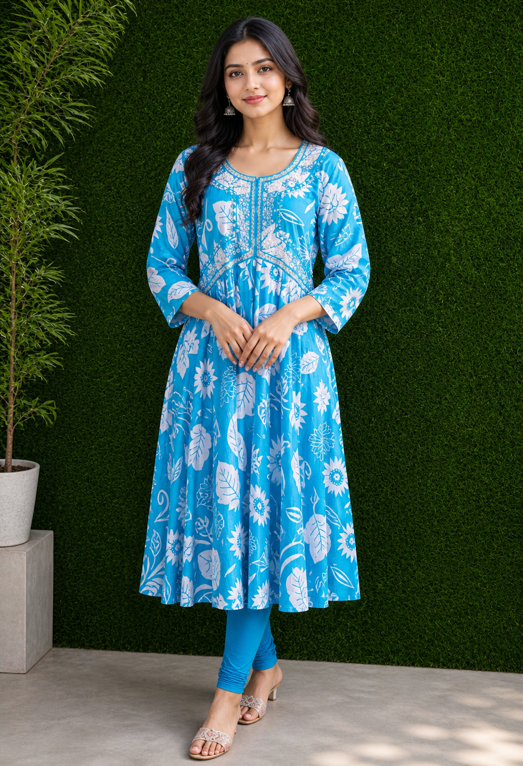 Sky Blue Floral Printed Anarkali Kurti Set