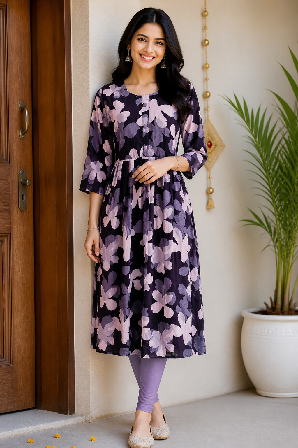 Midnight Lavender Floral Anarkali Kurti Set
