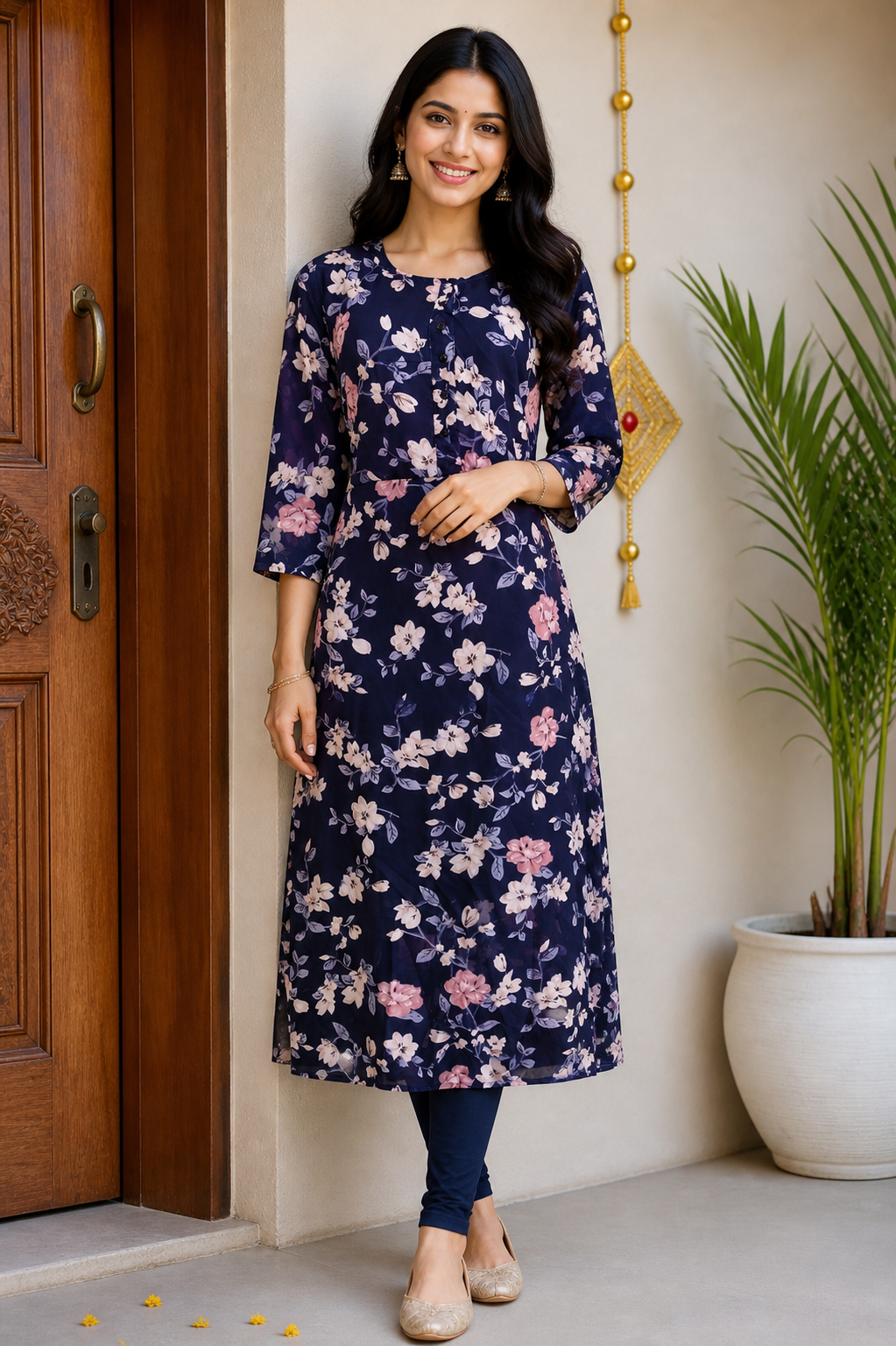 Midnight Bloom Floral Anarkali Kurti Set