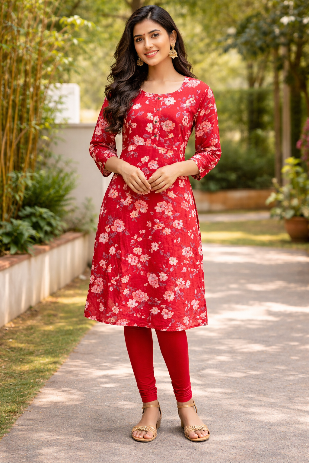 Ruby Blossom Floral Cotton Kurti Set