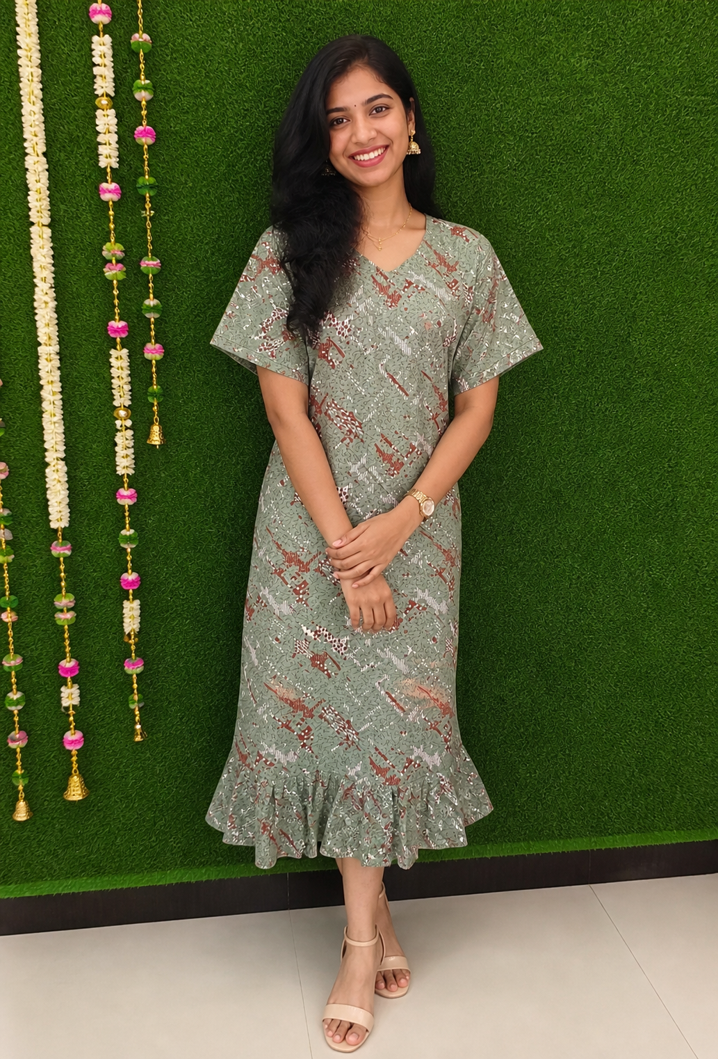 Sage Green Abstract Print Ruffle Hem Midi Dress