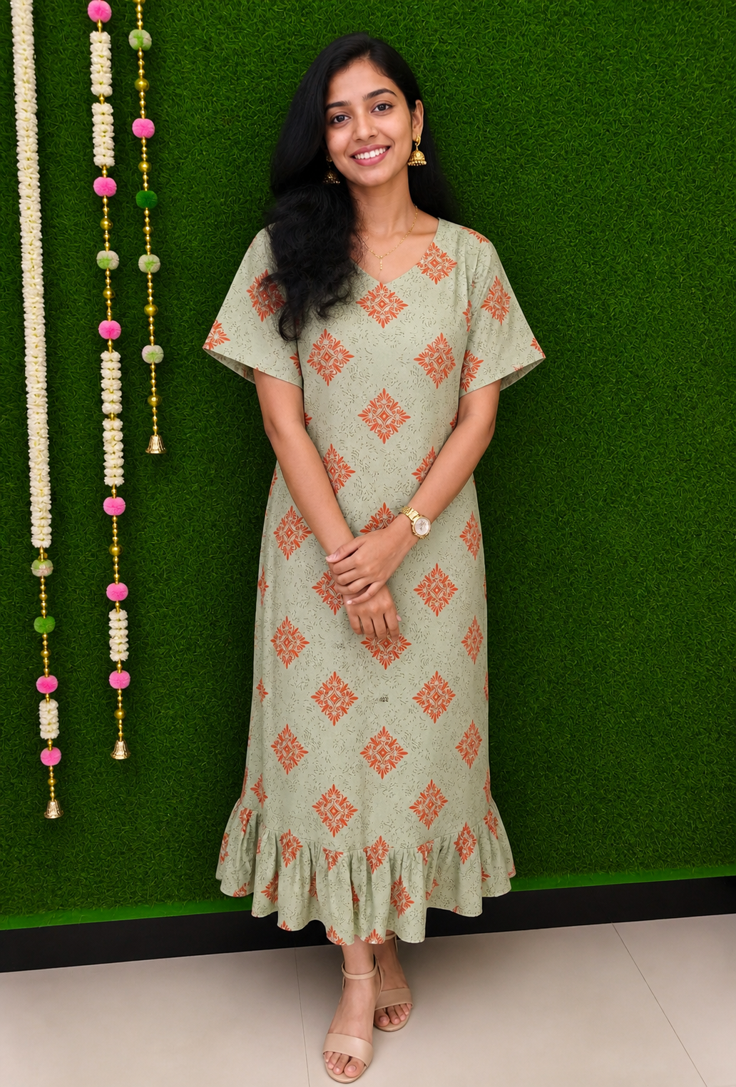 Sage Ethnic Print Midi Dress