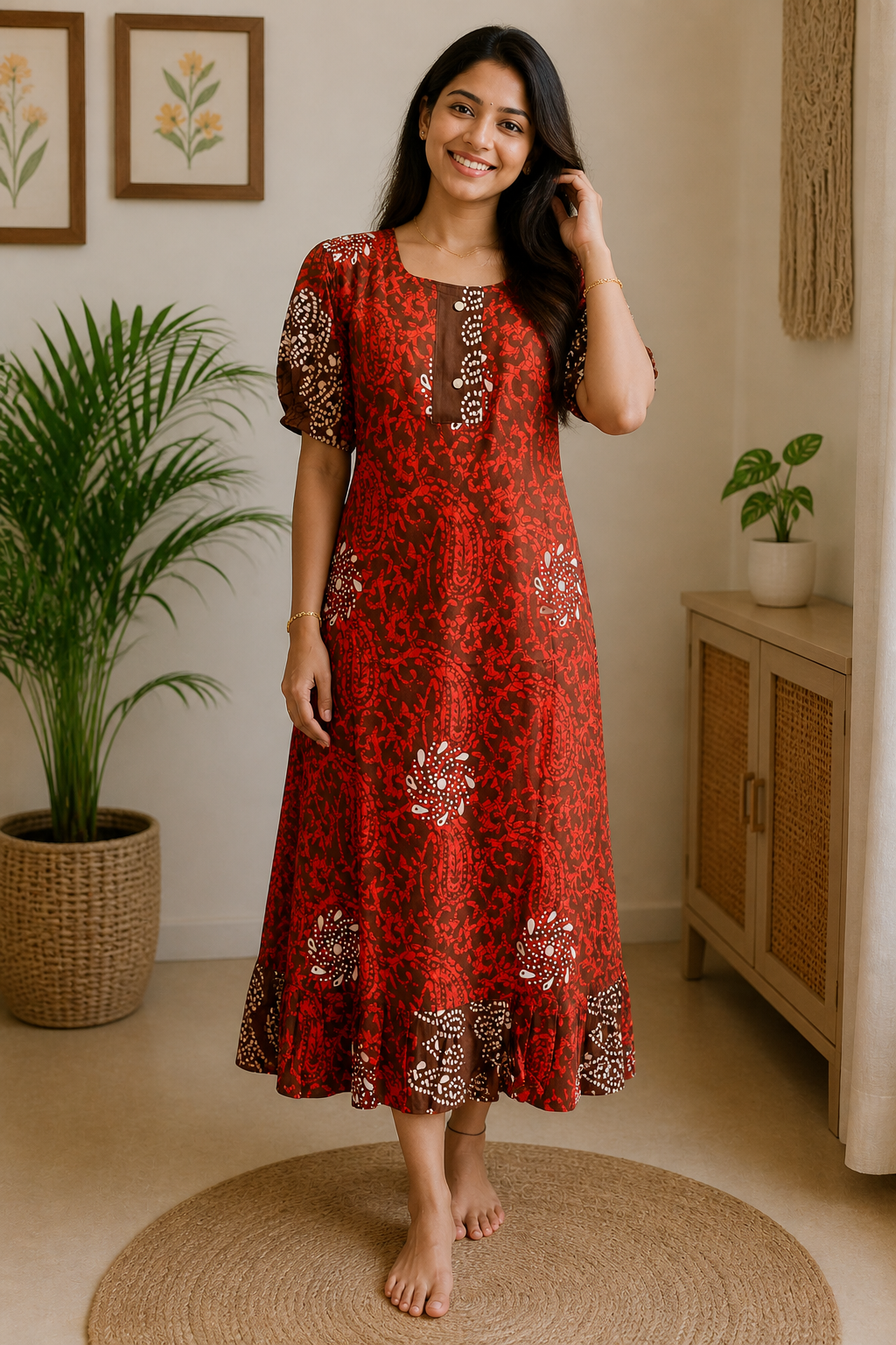 Red Floral Printed Cotton Nighty Dress