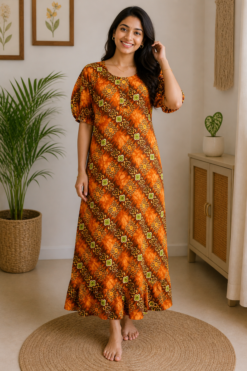 Orange Floral Printed Cotton Nighty Dress