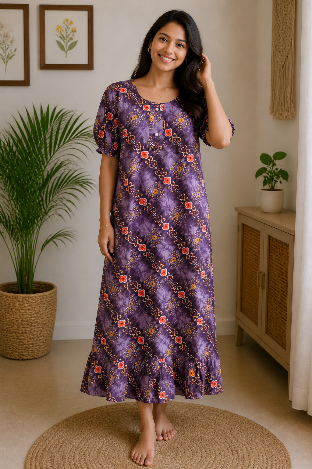 Purple Floral Printed Cotton Nighty Dress