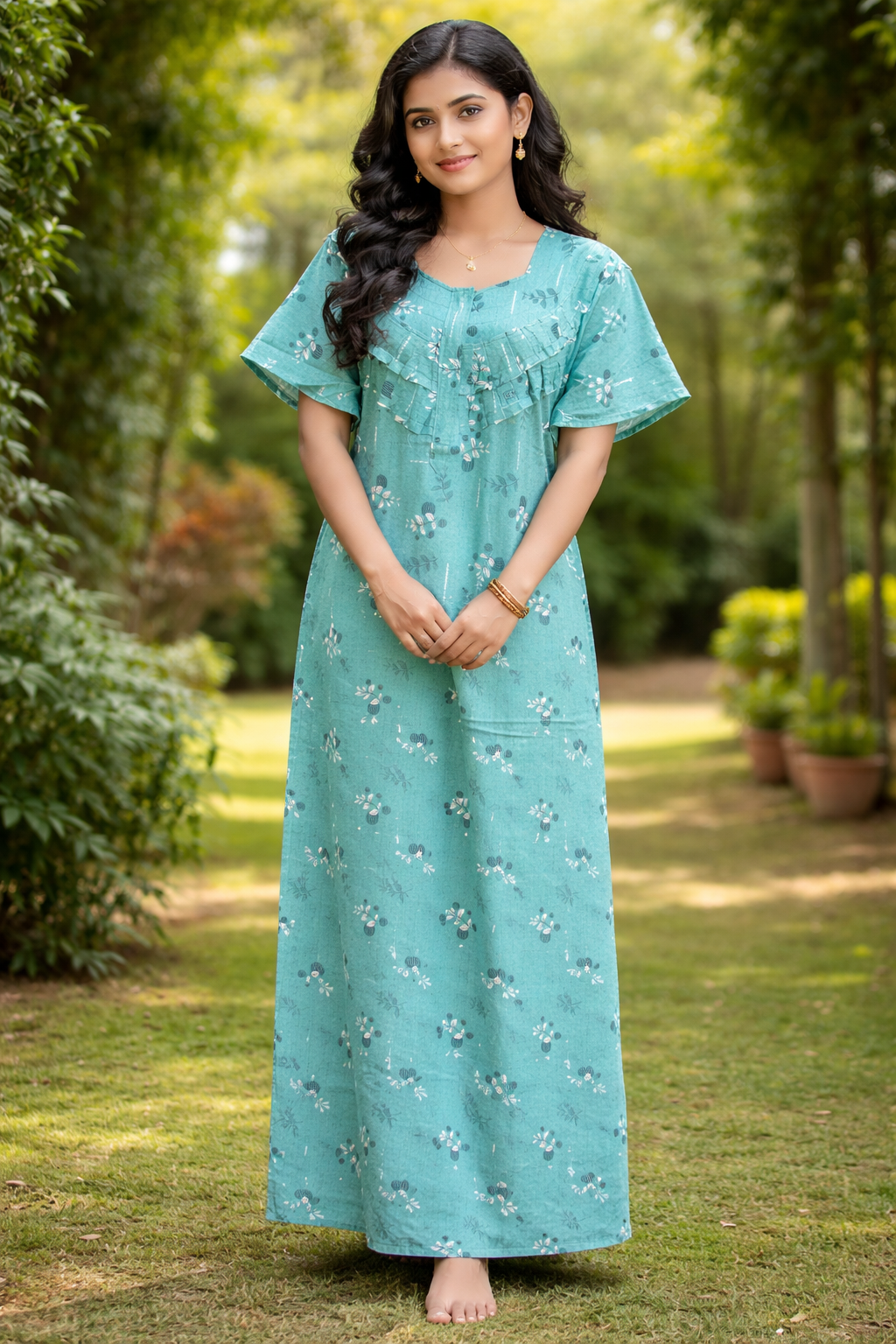 Mint Blossom Printed Cotton Nighty
