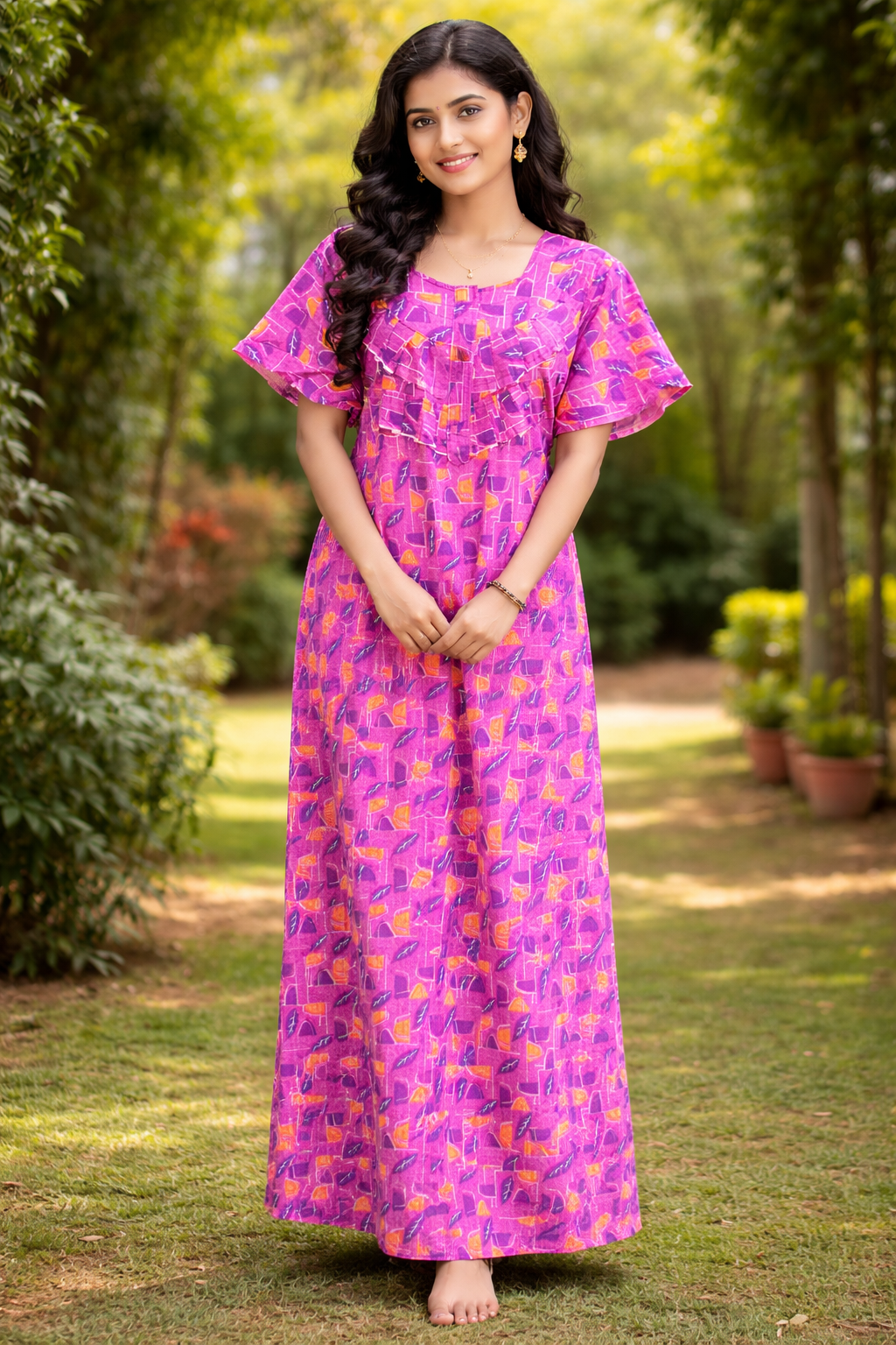 Pink Abstract Printed Cotton Nighty