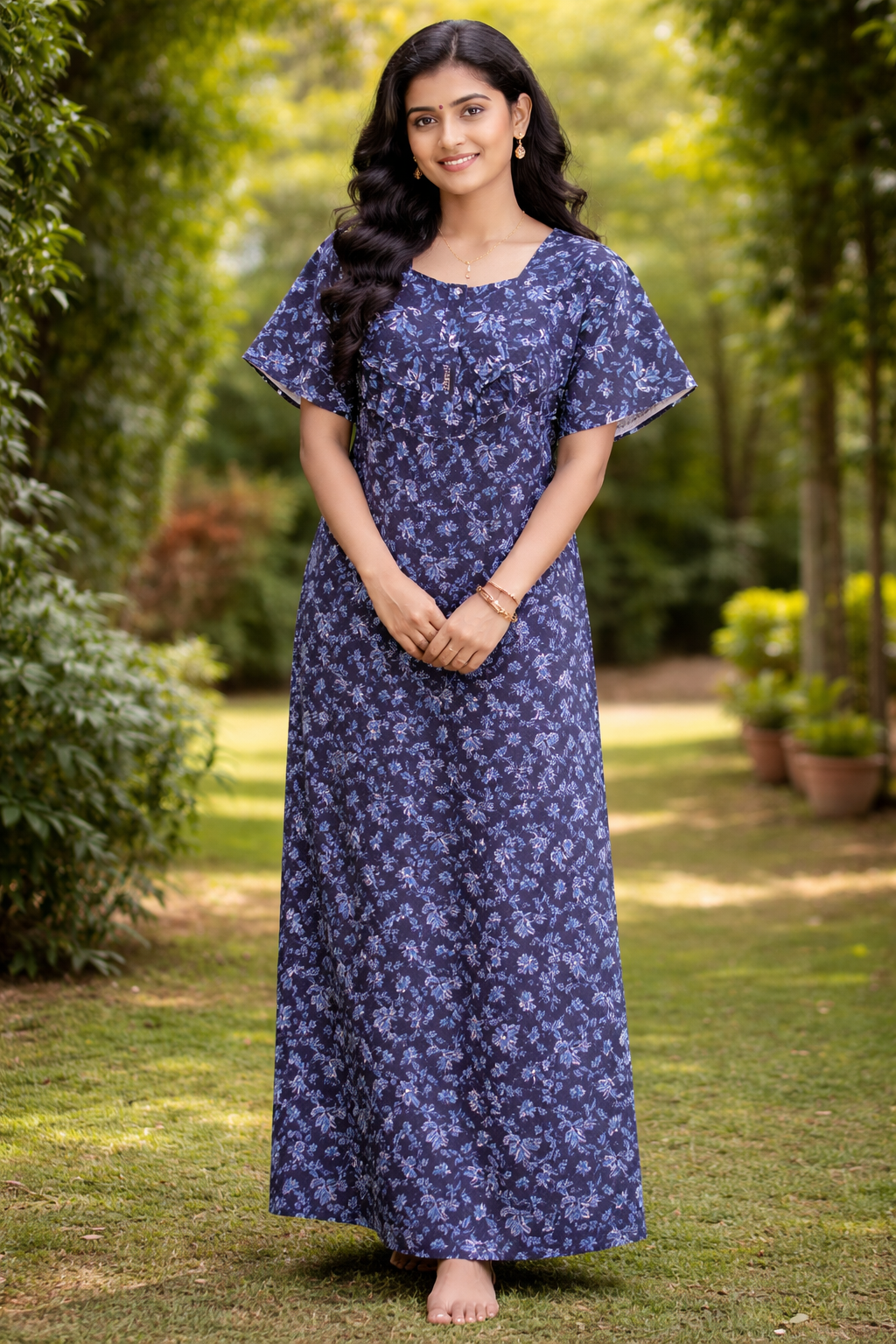 Navy Blue Floral Printed Cotton Nighty