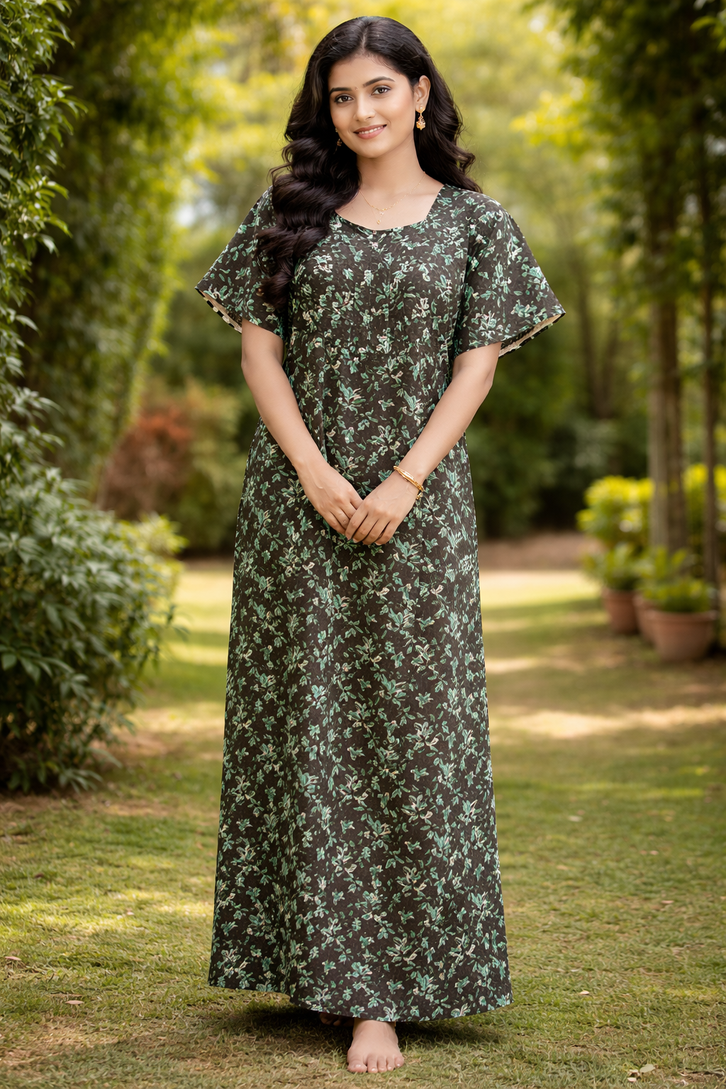 Black Floral Printed Cotton Nighty