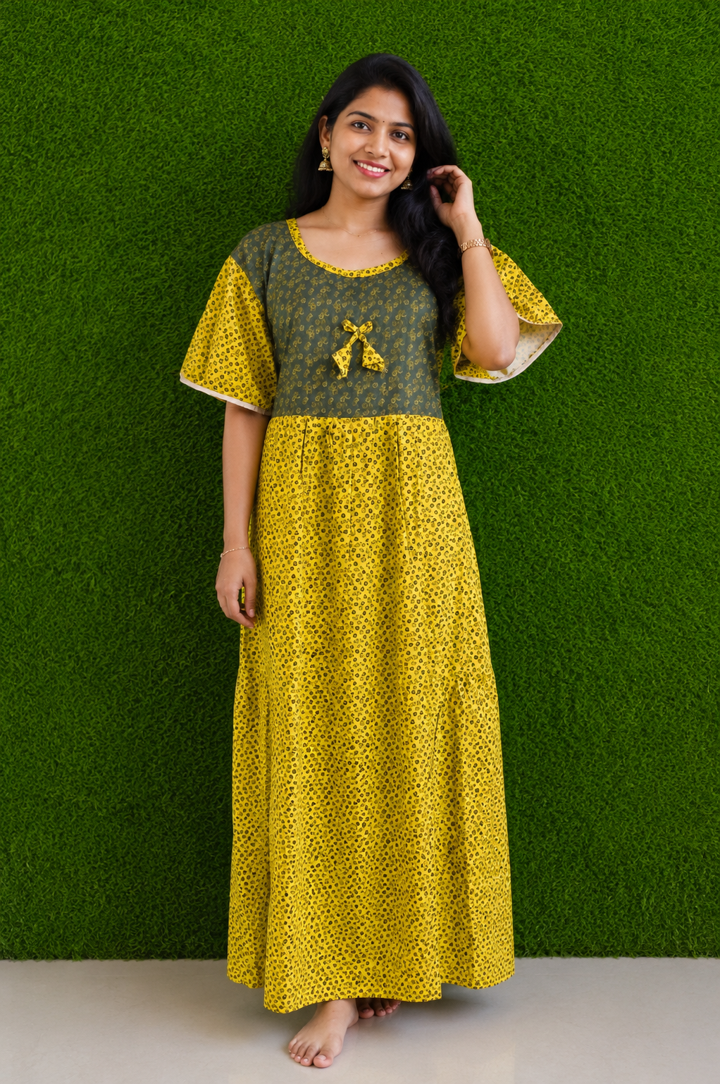 Mustard Yellow Printed Cotton Nighty