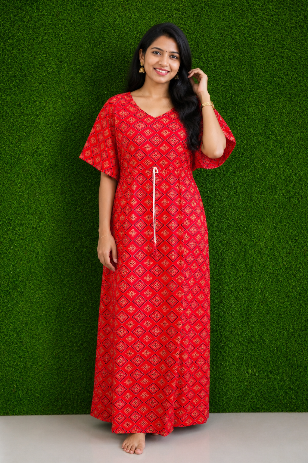 Red Geometric Printed Cotton Nighty