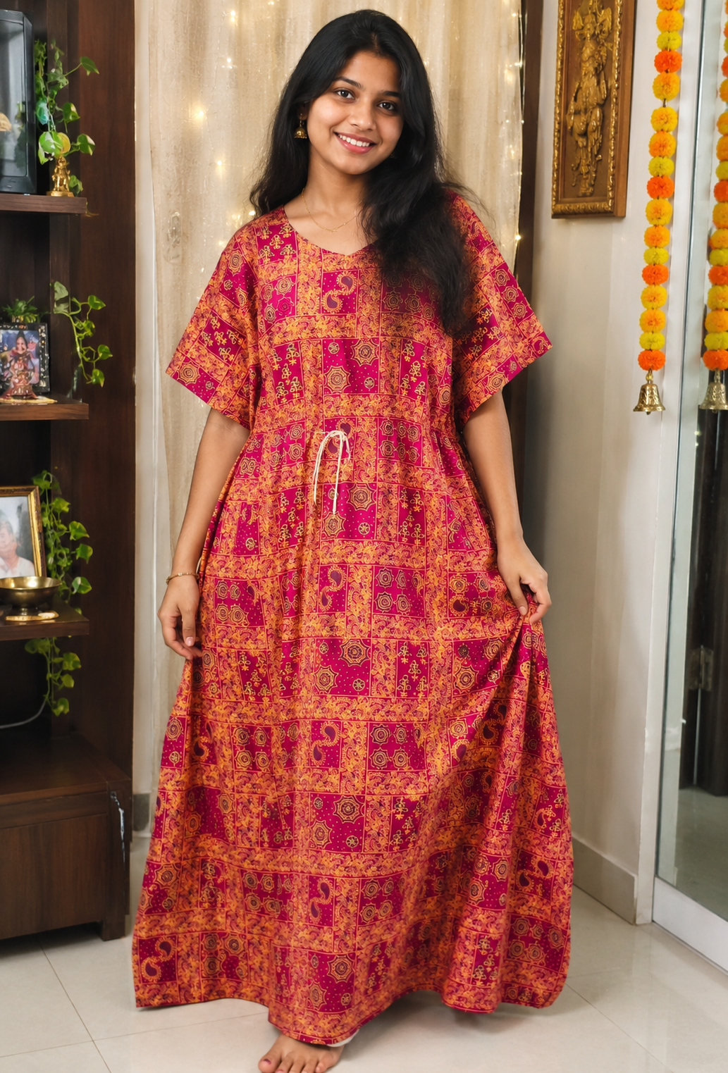 Festive Red & Gold Printed Maxi Dress