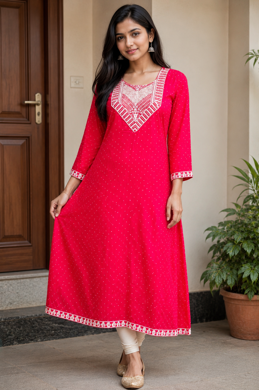 Red Embroidered Anarkali Kurti