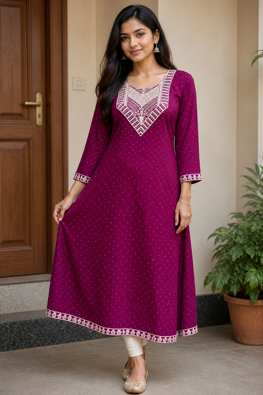 Wine Purple Embroidered Yoke Anarkali Kurti