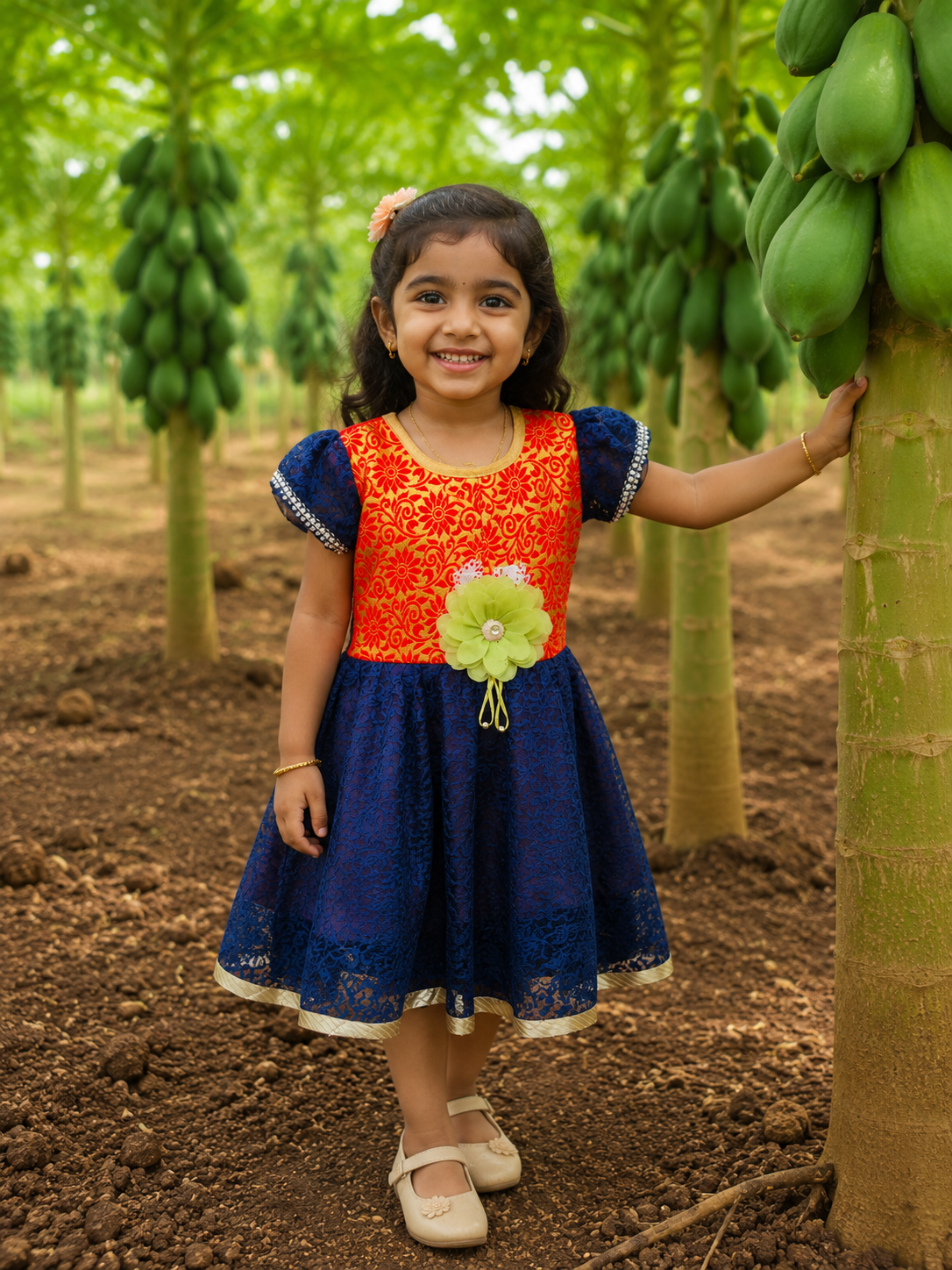 Red & Navy Blue Floral Applique Party Frock