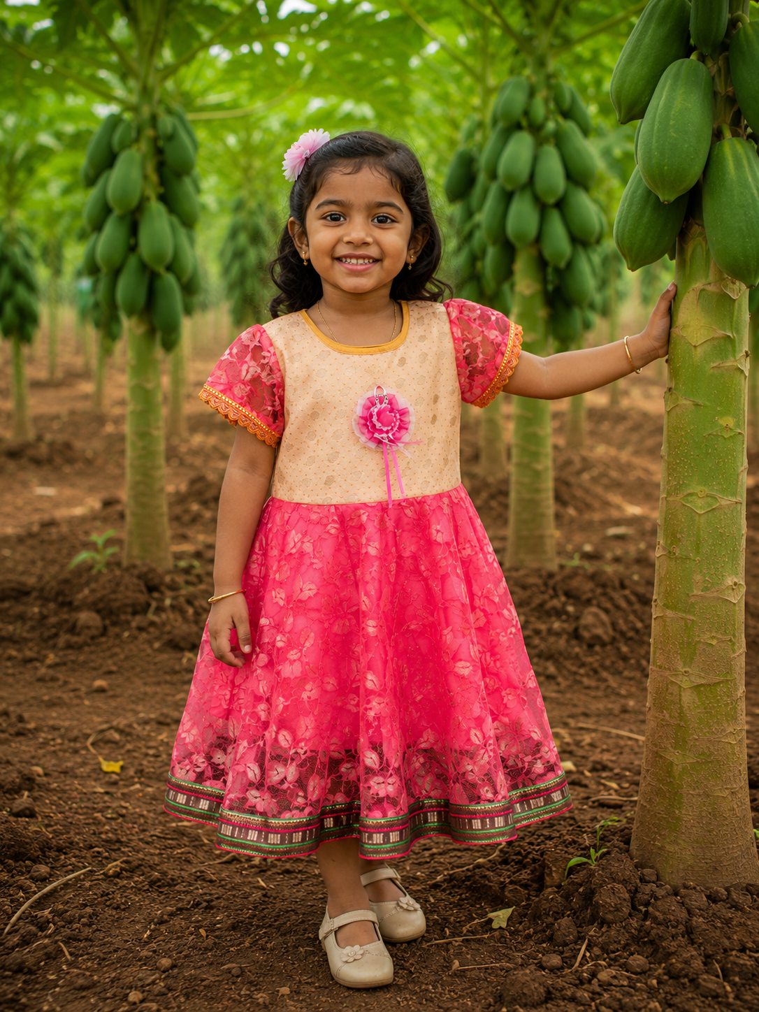 Peach & Pink Floral Net Party Frock
