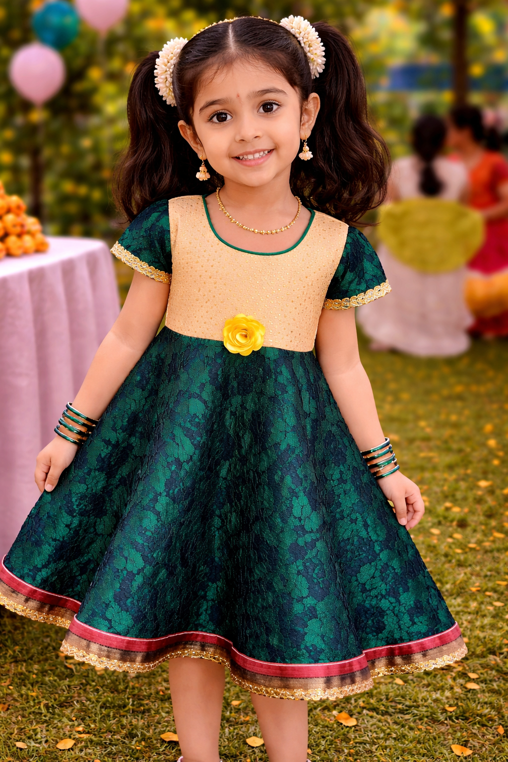Elegant Green Floral Party Dress for Girls