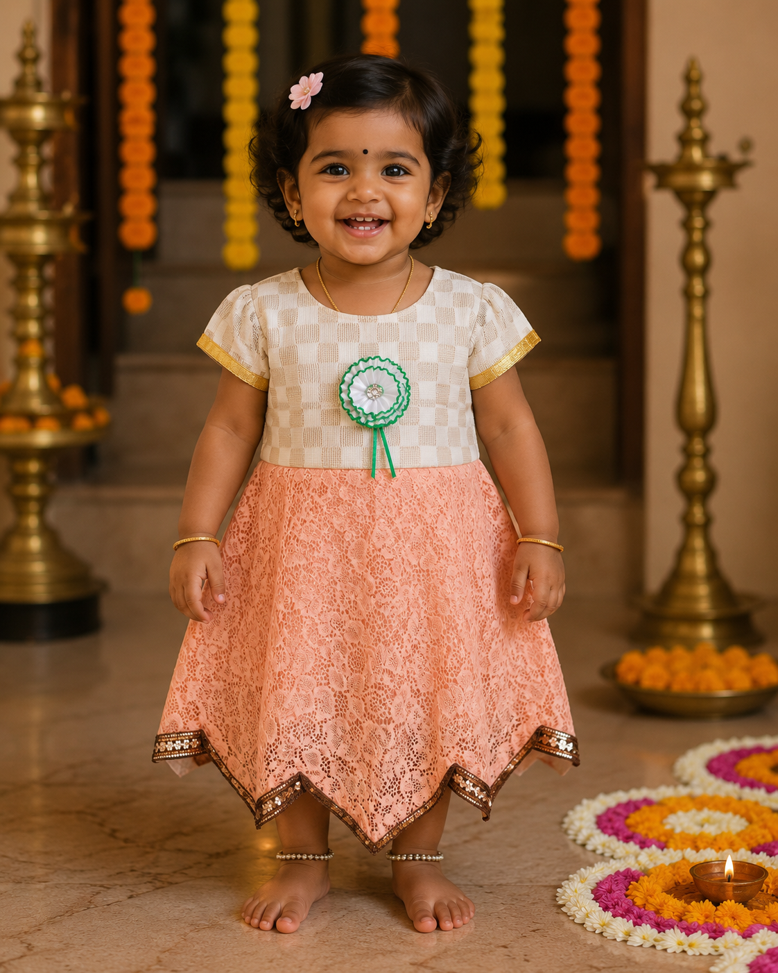 Peach Lace Festive Kids Dress