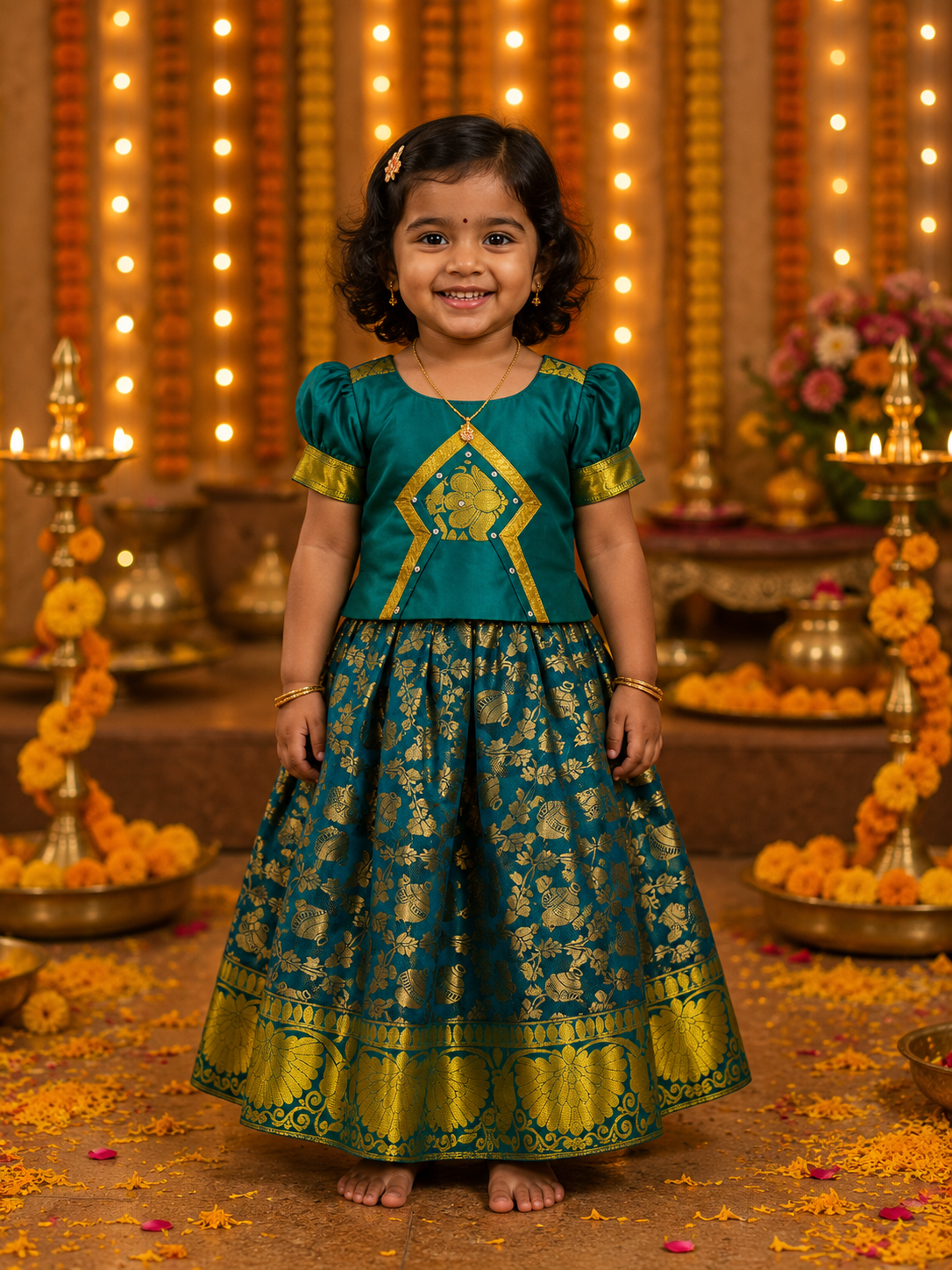 Traditional Teal Silk Lehenga Set for Girls