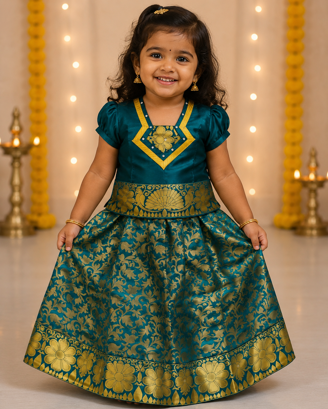 Emerald Elegance Silk Pattu Frock